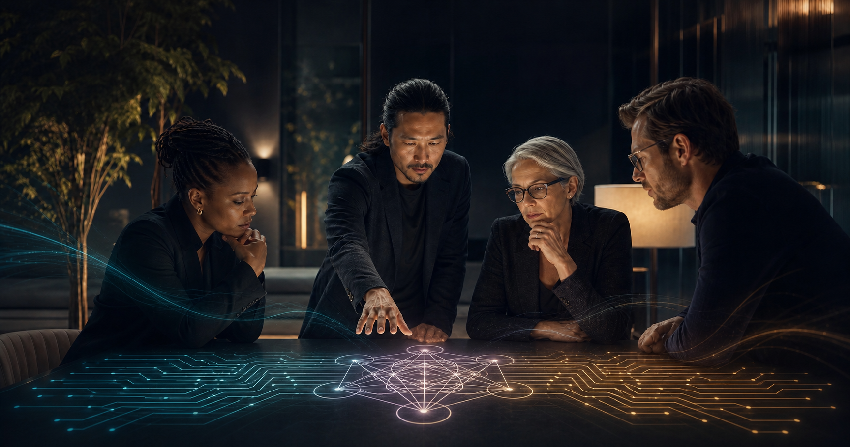 Four business leaders gathered around a dark table, studying a glowing teal and gold circuit diagram with a violet sacred-geometry figure at its center.